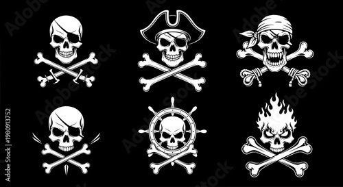 Skull and crossbones designs with various pirate symbols on black background featuring vector, design, illustration, clean composition on simple
