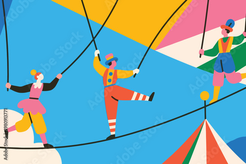 Three circus performers walking tightropes above striped tent with colorful geometric spotlight background, vector illustration.