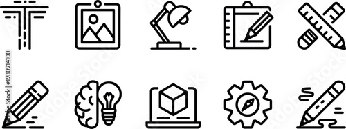 Creative design and writing icon set featuring drawing tools ideas workspace sketch and digital creativity outline vector symbols