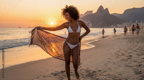 Eine schöne junge Brasilianerin tanzt ausgelassen in einem Bikini bei Sonnenuntergang am Strand von Ipanema, Rio de Janeiro, Brasilien, Generative AI