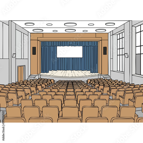Modern Conference Room with Stage and Audience Seating for Events or Presentations