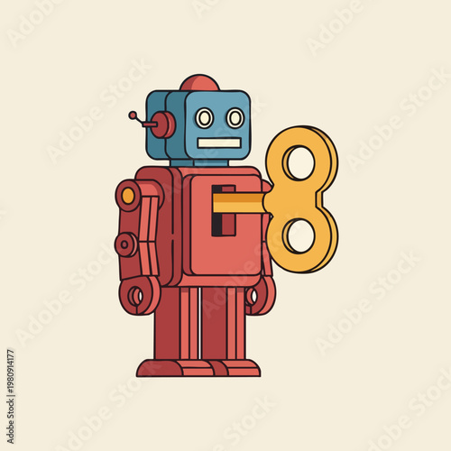 Cute Retro Robot Holding a Large Wrench Vintage Style Mechanical Toy Character