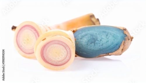 macro cross section of fresh galangal rhizome with vibrant pink and blue rings on white background