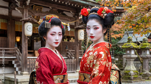 Zwei Japanische Geishas bekleidet mit einem Kimono vor einem Tempel, Japan, Generative AI