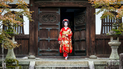 Japanische Geisha bekleidet mit einem Kimono vor einem Tempel, Japan, Generative AI