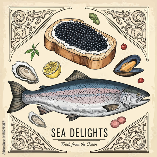 Fresh Seafood Platter with Fish Shellfish and Caviar on Vintage Decorative Background