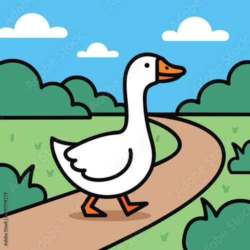 Adorable White Goose Walking Along a Nature Trail in a Scenic Park