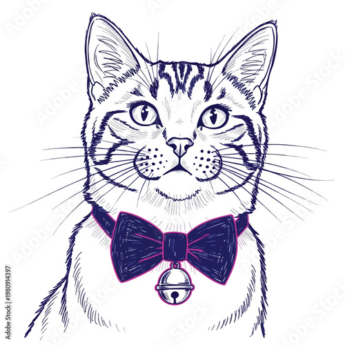 Stylish Cat with Bow Tie and Collar Illustration for Pet Lovers and Animal Enthusiasts