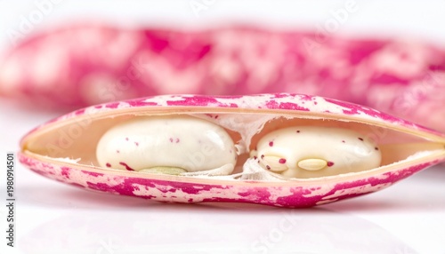 Macro cross-section of fresh borlotti bean pod with pink and purple speckled interior