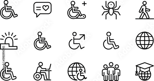 Disability support and accessibility icon set featuring wheelchair users inclusion communication mobility global access and education outline vector symbols