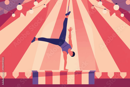 Circus performer doing one handed handstand on platform under striped tent with festive lights, vector illustration.