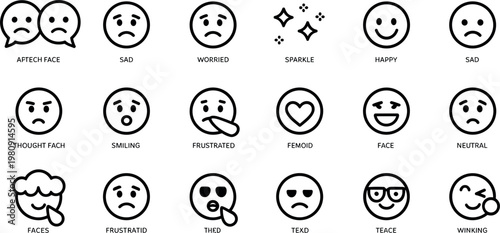 Emotions and facial expression icons set with happy sad worried thinking frustrated neutral faces minimal outline vector collection