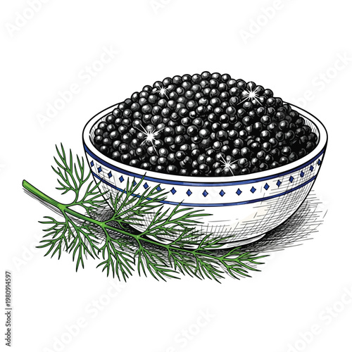 Fresh Black Caviar in a Decorative Bowl with Green Garnish for Gourmet Cuisine and Fine Dining
