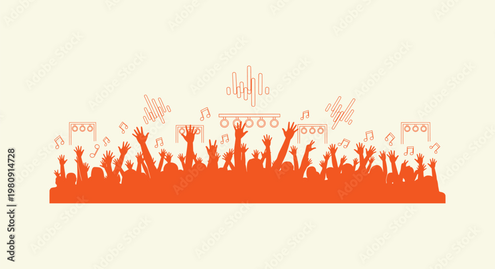 Obraz premium Silhouette of a Cheering Crowd at a Music Concert with Musical Notes and Sound Wave Elements Design
