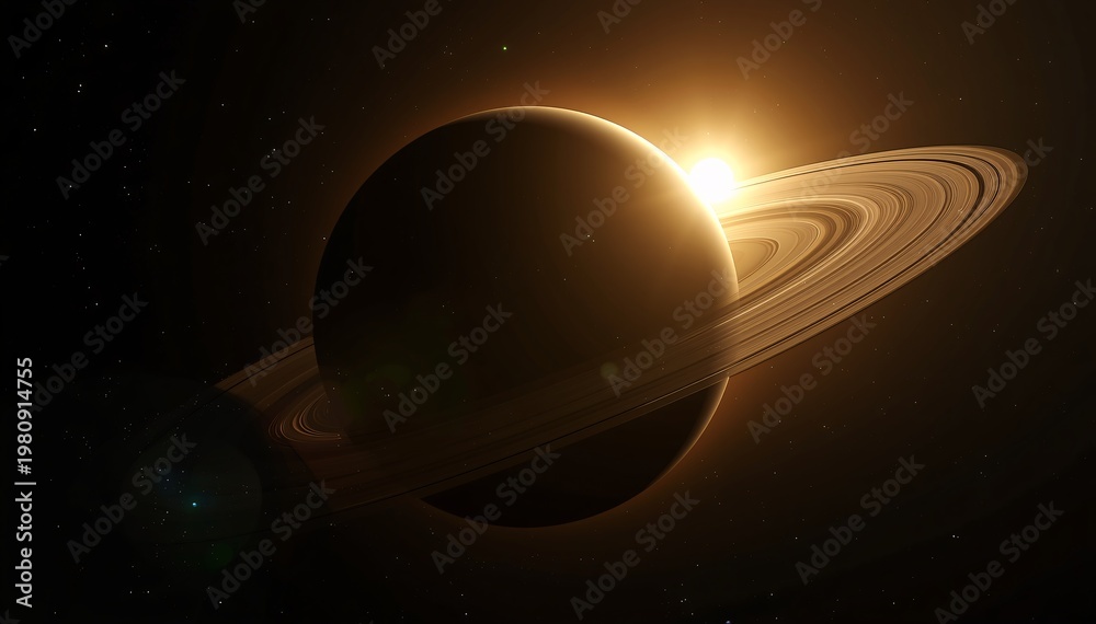 Fototapeta premium Saturn's Rings Illuminated by Sun at Dawn in Deep Space
