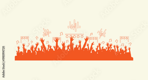 Silhouette of a Cheering Crowd at a Music Concert with Musical Notes and Sound Wave Elements Design