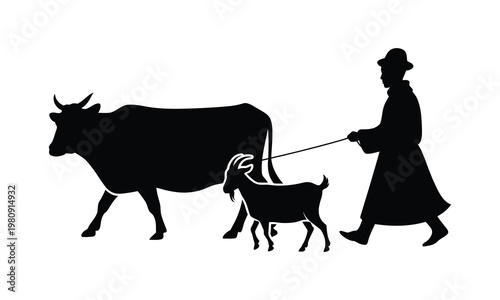 Farmer walking with cow and goat on leash, vector illustration