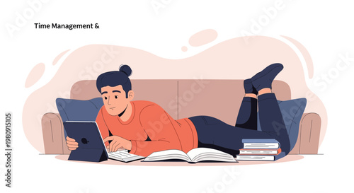 Young man studying on couch with tablet and books, time management concept