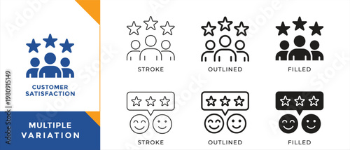 Customer satisfaction and rating icons with people group, star review and feedback symbols, user experience and service quality concept, minimal line and solid vector illustration