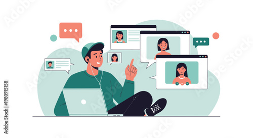 Young man video calling friends on laptop, online communication, remote work, social distancing