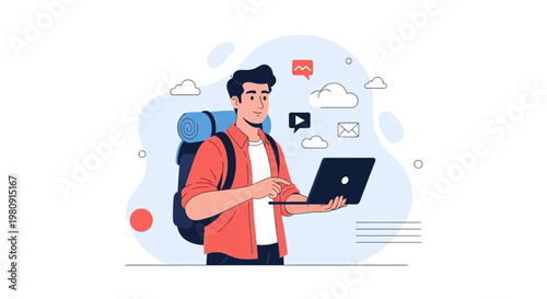 Young man with backpack using laptop, digital nomad concept, travel and technology
