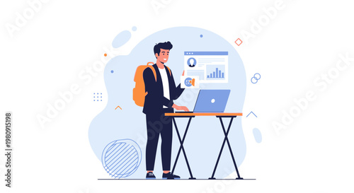 Young man with backpack working on laptop at standing desk, modern flat illustration