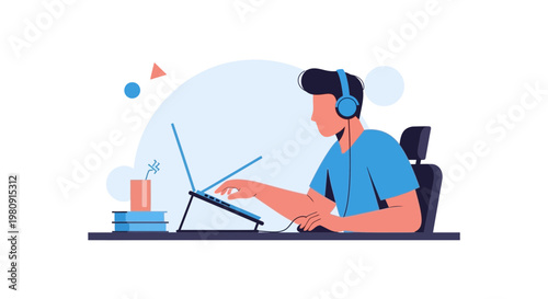 Young man with headphones working on laptop at desk, modern flat illustration