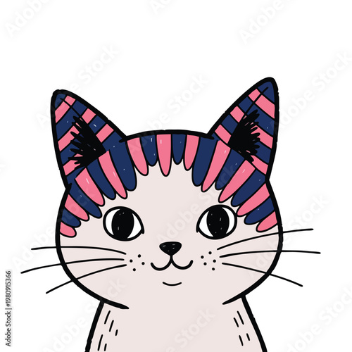 Cute Cartoon Cat with Pink and Blue Stripes Happy Facial Expression Hand Drawn Illustration for Kids and Art Projects