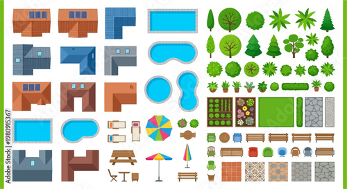 Collection of colorful top down views of buildings pools trees and furniture