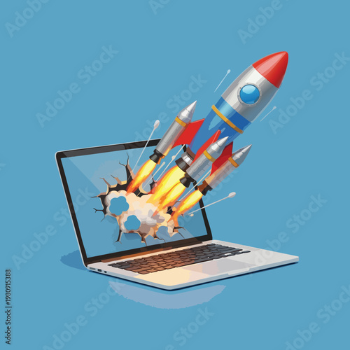 Futuristic Rocket Launching from a Laptop Screen for Technology Innovation and Space Exploration
