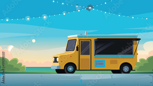 Mobile Catering Food Truck Scene Vector Illustrat