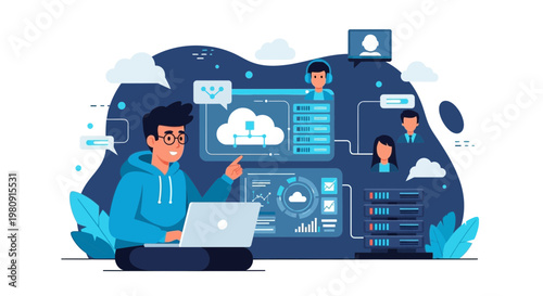 Young man working on laptop with cloud computing and data servers, remote work concept