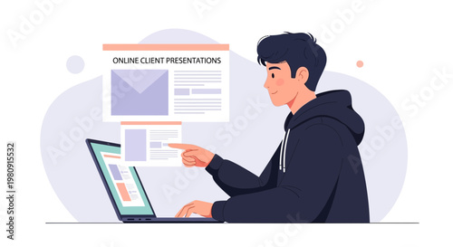 Young man working on laptop with online client presentations on screen, remote work concept