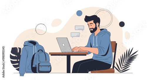 Young man working on laptop, casual outfit, backpack and hoodie, modern flat design illustration
