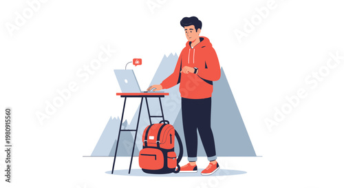 Young Man Working Remotely with Laptop and Backpack in Mountain Landscape