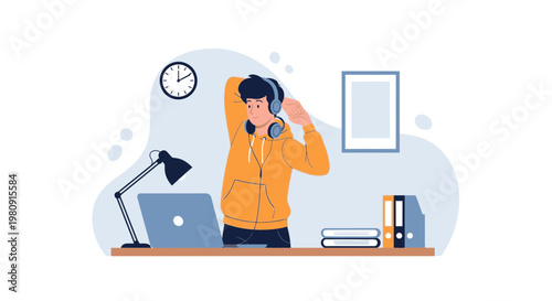Young person in headphones working at desk with laptop, stretching and listening to music