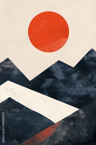 Abstract minimalist mountain landscape with red sun Japanese style