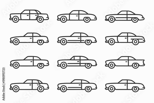 Pastel Cruiser Icons. Pastel cruiser designs. Line outline icon set of Pastel cruiser designs: cruiser sedan,