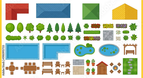 Top down view of various garden building and landscaping elements