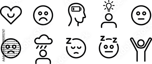 Minimal mental health and emotion icon set featuring moods stress anxiety sleep depression and human psychology outline vector symbols