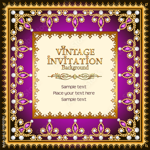 Illustration vintage background, elegant antiques, Victorian gold, floral ornament, baroque frame, beautiful invitation.