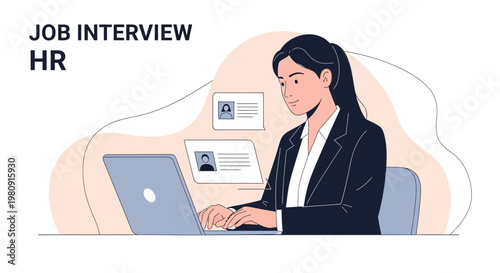 HR professional reviewing resumes on laptop during job interview process