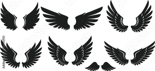 Black Eagle and Angel Wing Silhouette Vector Collection with Feathers and Outspread Flight Symbols for Tattoo Designs, Heraldic Emblems, Gothic Branding, and Majestic Freedom Graphics