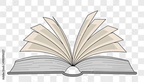Detailed illustration of an open book with many fanned pages, representing knowledge, education, and the joy of reading.
