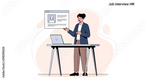 Job Interview HR: Man presenting candidate profile on screen with laptop on desk