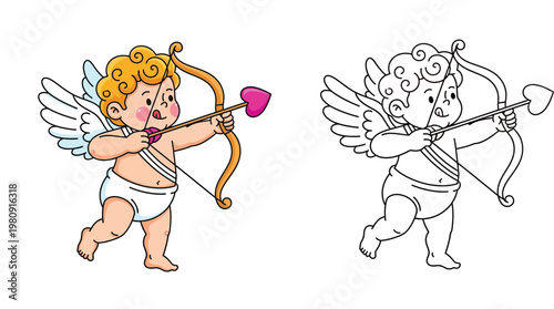 Cute Cartoon Cupid Cherub with Bow and Arrow for Valentine's Day, Colored and Line Art Illustration Set for Kids Coloring Book and Romantic Greeting Cards Design Vector Graphics
