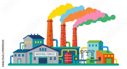 Colorful factory chimneys emitting smoke above an industrial building complex