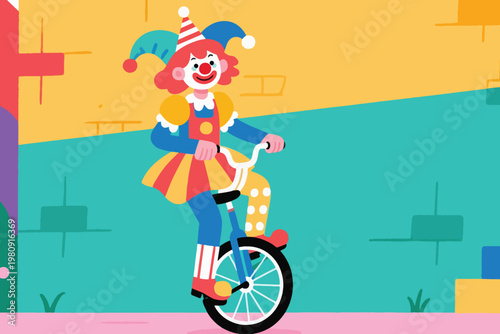 Colorful clown with red hair riding unicycle under abstract geometric circus background, vector illustration.