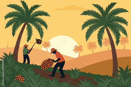 Oil Palm Plantation Sunrise Harvest Scene Vector ( 1 )