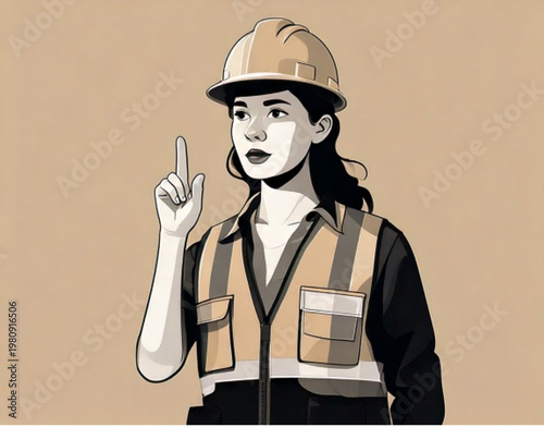 Female construction worker wearing hard hat and safety vest pointing upwards.